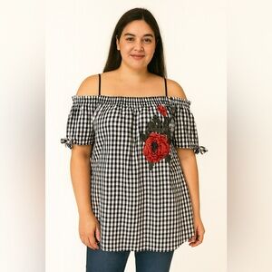 BANABEE Black and White Gingham Off-Shoulder Top with Red Floral Embroidery